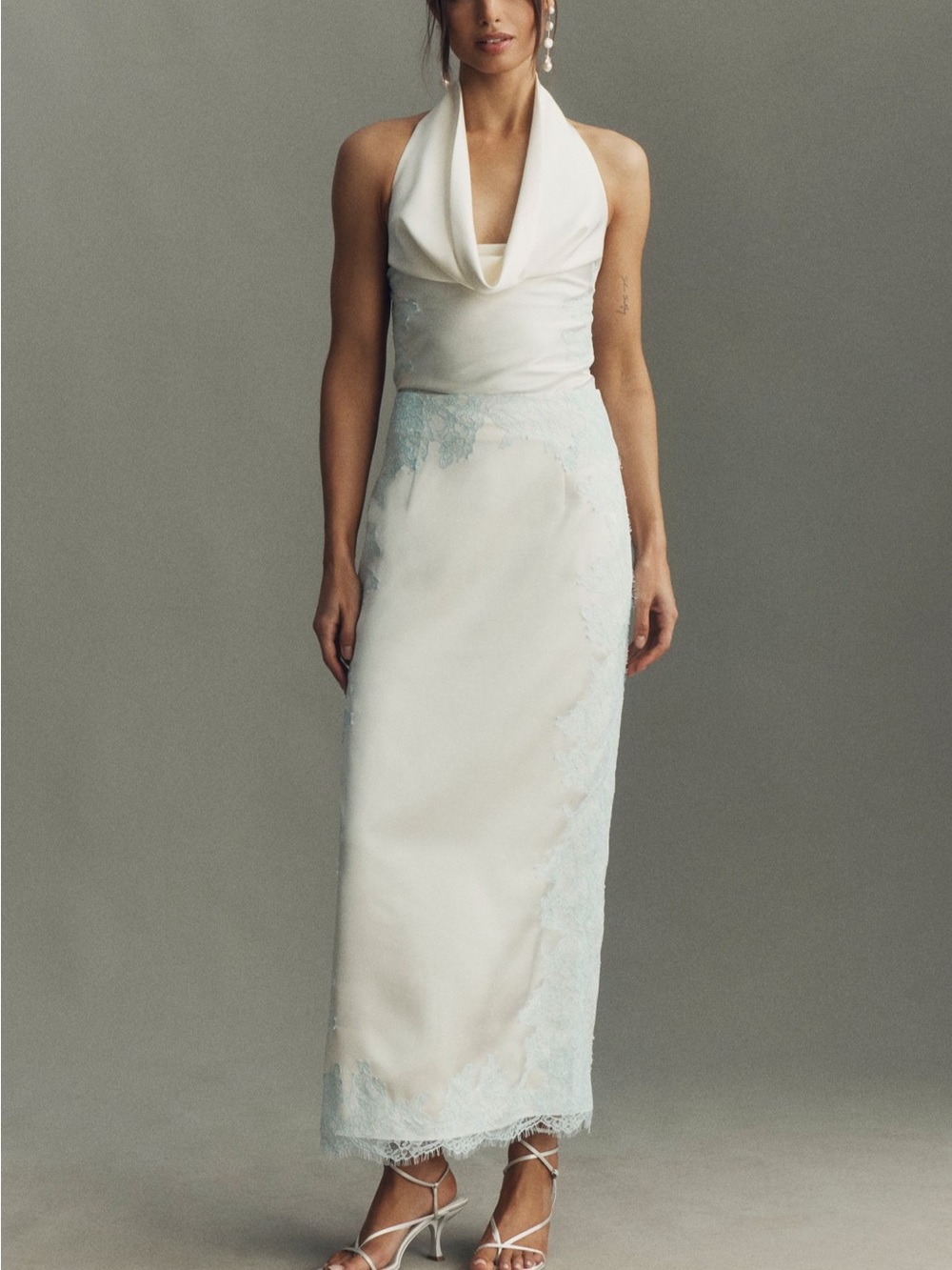 Elegant Cream Halter Satin Dress with Lace Trim